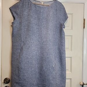 Eileen Fisher Dress 100% Linen Organic Blue Chambray-Style Short Sleeve Shift